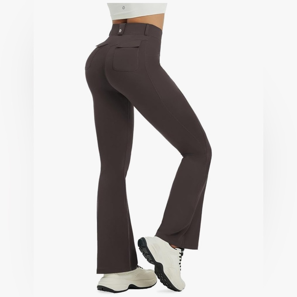 Baleaf Women’s Flare Pocket Cargo Dark Brown High Waist Leggings Size Small